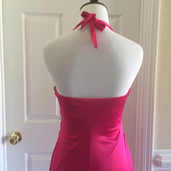 Fuchsia Pink Halter Satin Prom Dress - Picture 8 of 13